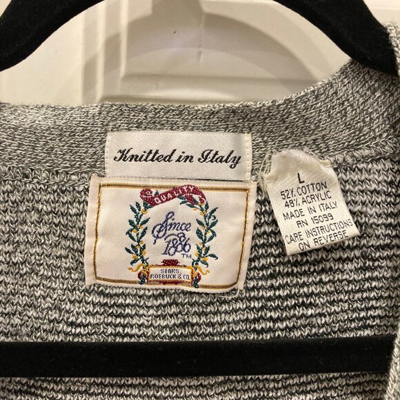 VTG Grandpa Sweater Cardigan Made in Italy Size Large Black White Gray Geometric - Picture 4 of 13